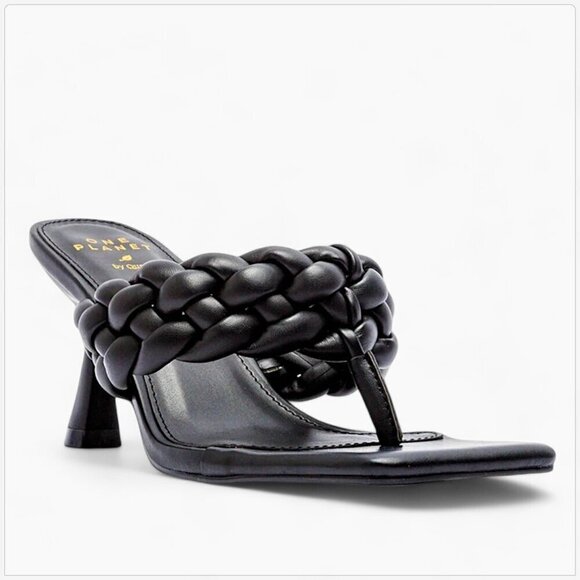 Qupid Black Braided JayLove-13S One Planet Vegan Thong Heel Sandals NEW 6.5 - Picture 1 of 7
